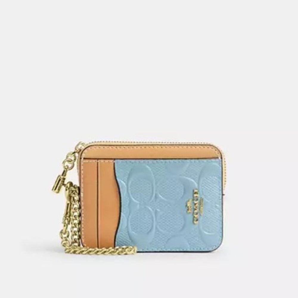 Coach Zip Card Case In Signature Leather With Charm CFA36 Gold/Light Blue - Picture 6 of 7
